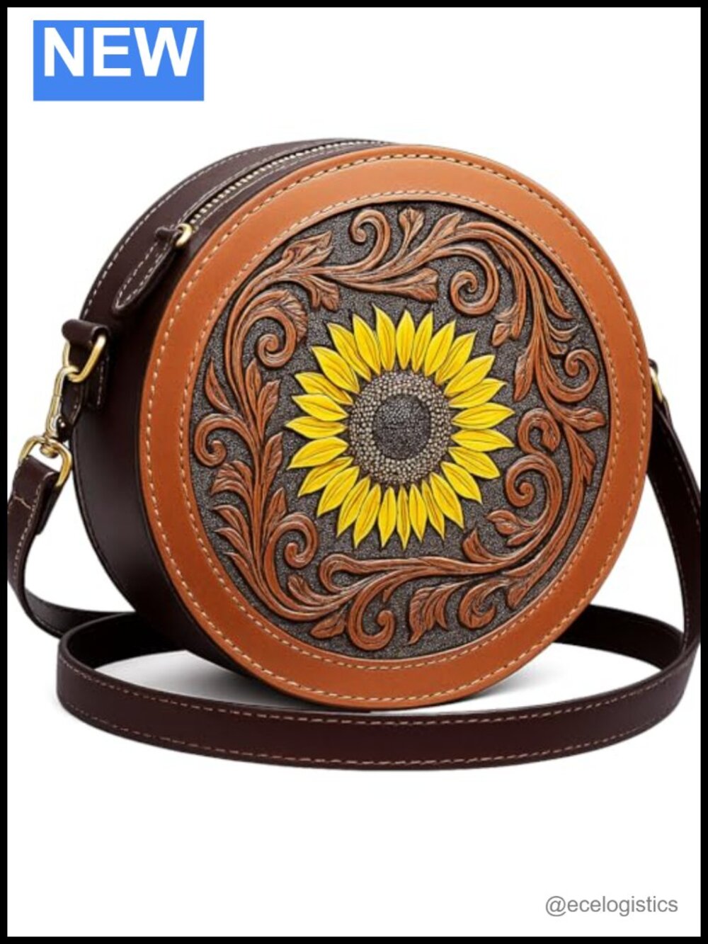 Hand-Stitched Full-Grain Leather Sunflower Crossbody Bag with Convertible Strap
